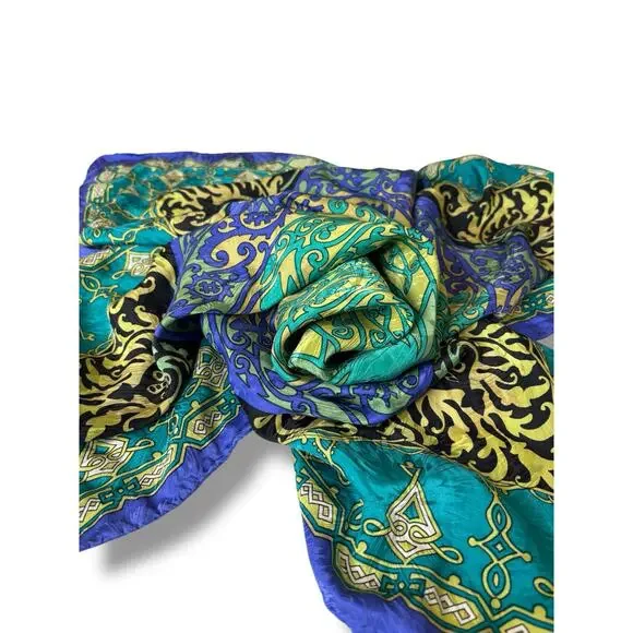Vintage Georgiou Blue & Green Silk Scarf -  33" square - Picture 2 of 7